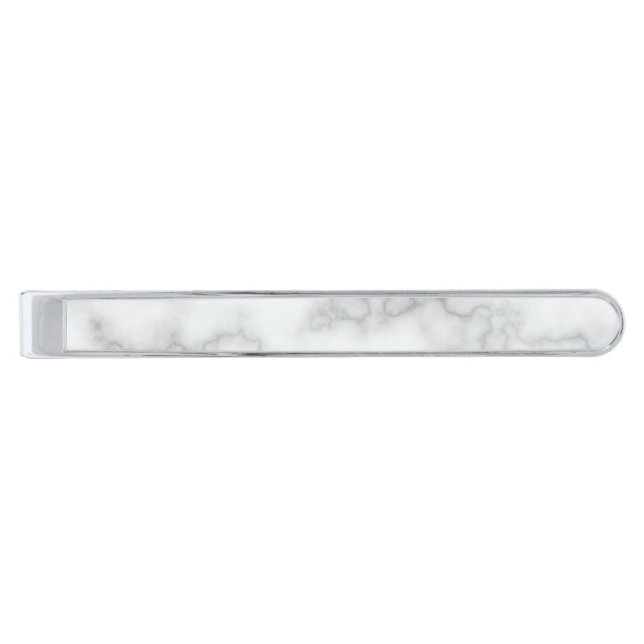 Elegant Faux White Marble Silver Finish Tie Bar (Front)