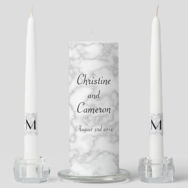 Elegant Faux White Marble Wedding Unity Candle Set (Front)