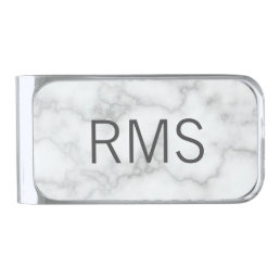 Elegant Faux White Marble with Gray Monogram Silver Finish Money Clip