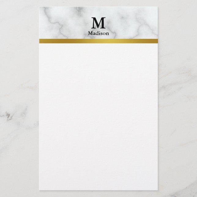 Elegant Faux White Marble with Name and Monogram Stationery (Front)