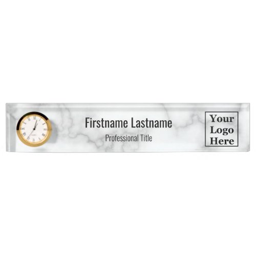Elegant Faux White Marble Your Logo Here Desk Name Plate
