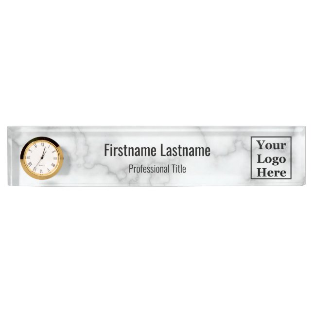 Elegant Faux White Marble Your Logo Here Desk Name Plate (Front)