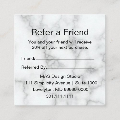 Elegant Faux White Marble Your Logo Here Referral Card