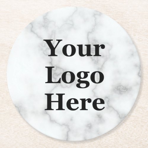 Elegant Faux White Marble Your Logo Here Round Paper Coaster
