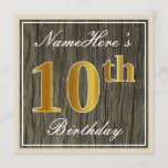 [ Thumbnail: Elegant, Faux Wood, Faux Gold 10th Birthday + Name Invitation ]