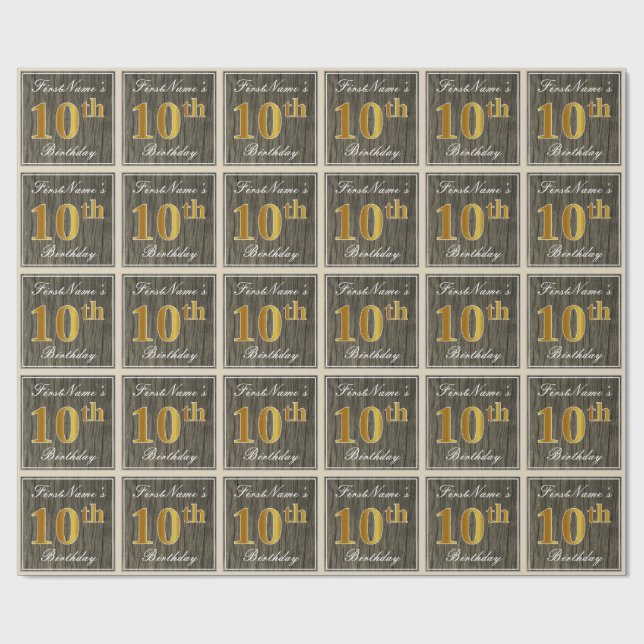 Elegant, Faux Wood, Faux Gold 10th Birthday + Name Wrapping Paper (Flat)