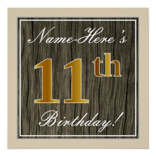Elegant Faux Wood Faux Gold 11th Birthday  Name Poster
