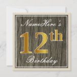 [ Thumbnail: Elegant, Faux Wood, Faux Gold 12th Birthday + Name Invitation ]
