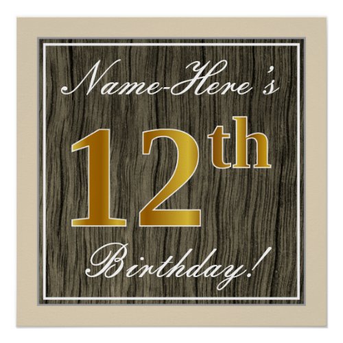 Elegant Faux Wood Faux Gold 12th Birthday  Name Poster