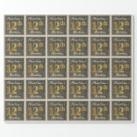 [ Thumbnail: Elegant, Faux Wood, Faux Gold 12th Birthday + Name Wrapping Paper ]