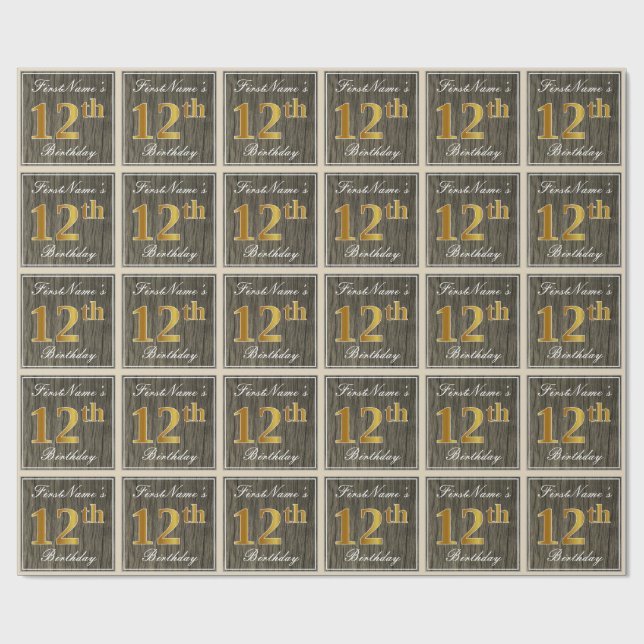 Elegant, Faux Wood, Faux Gold 12th Birthday + Name Wrapping Paper (Flat)