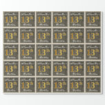 [ Thumbnail: Elegant, Faux Wood, Faux Gold 13th Birthday + Name Wrapping Paper ]