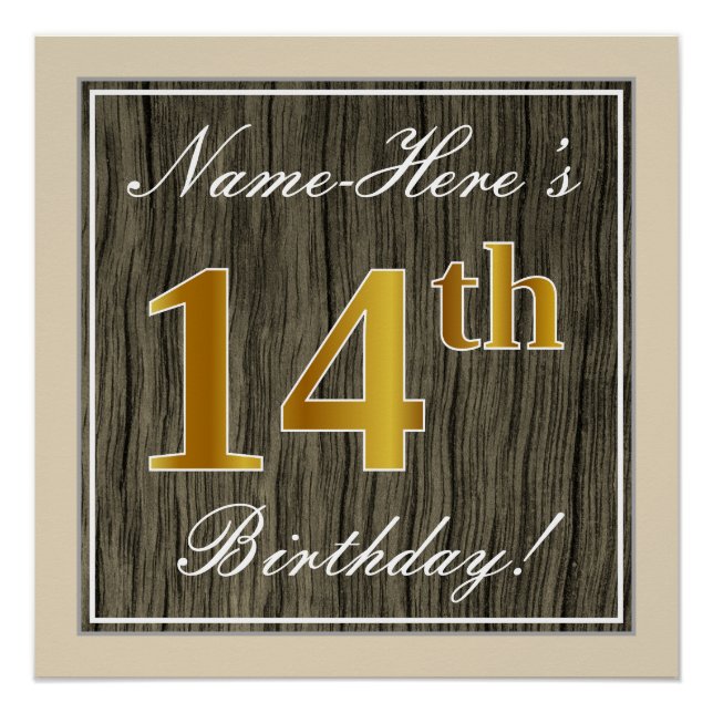 Elegant, Faux Wood, Faux Gold 14th Birthday + Name Poster (Front)