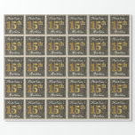 [ Thumbnail: Elegant, Faux Wood, Faux Gold 15th Birthday + Name Wrapping Paper ]