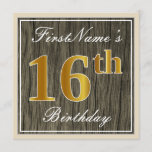 [ Thumbnail: Elegant, Faux Wood, Faux Gold 16th Birthday + Name Invitation ]