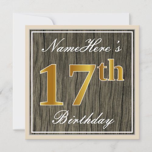 Elegant Faux Wood Faux Gold 17th Birthday  Name Invitation