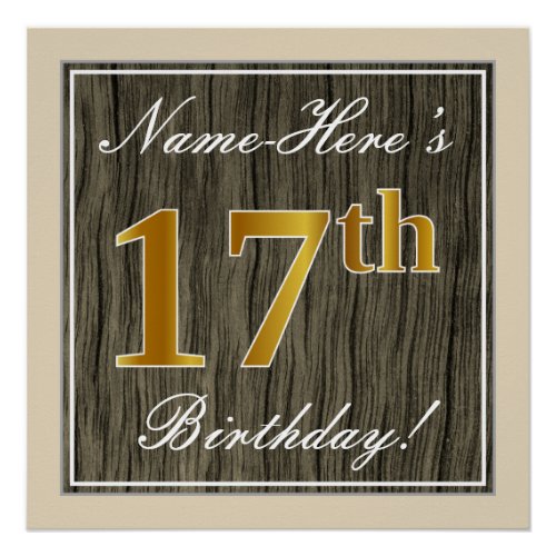 Elegant Faux Wood Faux Gold 17th Birthday  Name Poster