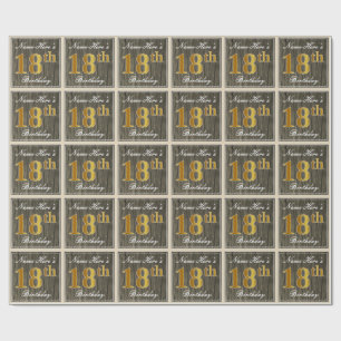 Elegant, Faux Wood, Faux Gold 18th Birthday + Name Wrapping Paper