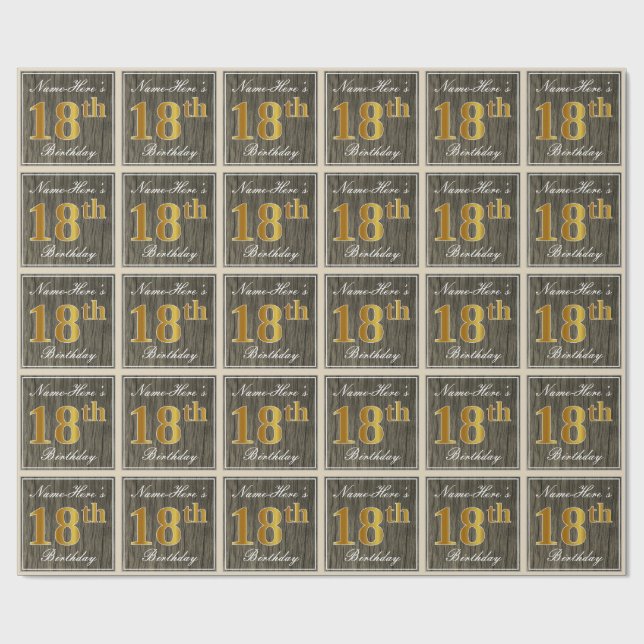 Elegant, Faux Wood, Faux Gold 18th Birthday + Name Wrapping Paper (Flat)