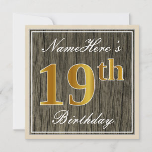 Elegant, Faux Wood, Faux Gold 19th Birthday + Name Invitation