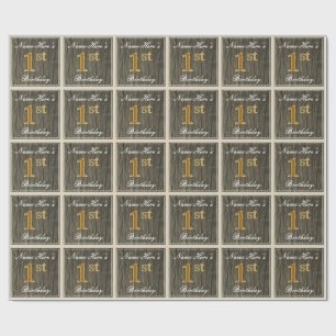 Elegant, Faux Wood, Faux Gold 1st Birthday + Name Wrapping Paper