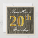 [ Thumbnail: Elegant, Faux Wood, Faux Gold 20th Birthday + Name Invitation ]