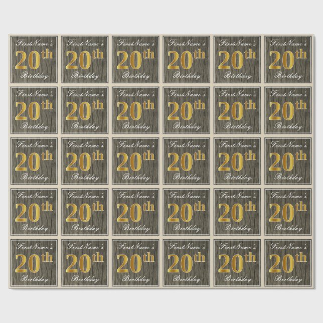 Elegant, Faux Wood, Faux Gold 20th Birthday + Name Wrapping Paper (Flat)