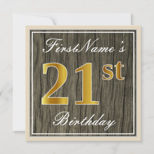 Elegant, Faux Wood, Faux Gold 21st Birthday + Name Invitation