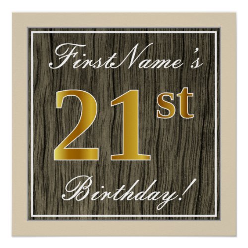 Elegant Faux Wood Faux Gold 21st Birthday  Name Poster