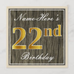 [ Thumbnail: Elegant, Faux Wood, Faux Gold 22nd Birthday + Name Invitation ]