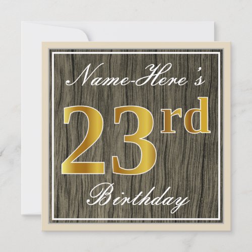 Elegant Faux Wood Faux Gold 23rd Birthday  Name Invitation