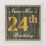 [ Thumbnail: Elegant, Faux Wood, Faux Gold 24th Birthday + Name Invitation ]