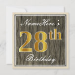 [ Thumbnail: Elegant, Faux Wood, Faux Gold 28th Birthday + Name Invitation ]