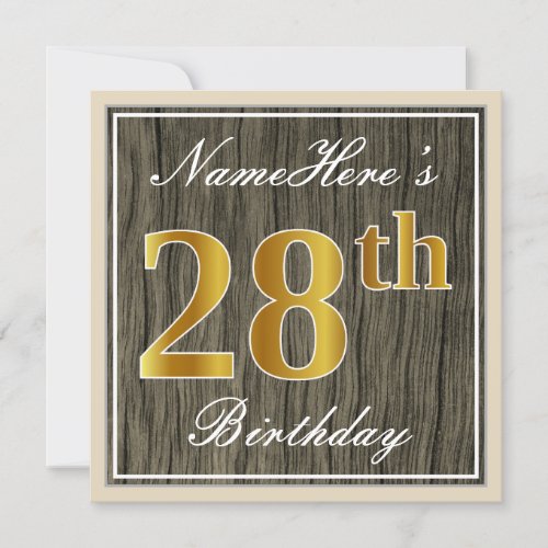 Elegant Faux Wood Faux Gold 28th Birthday  Name Invitation