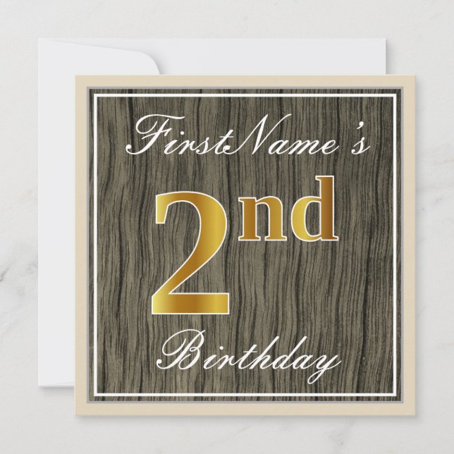 Elegant, Faux Wood, Faux Gold 2nd Birthday + Name Invitation (Front)