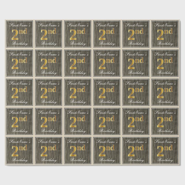 Elegant, Faux Wood, Faux Gold 2nd Birthday + Name Wrapping Paper (Flat)