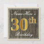 [ Thumbnail: Elegant, Faux Wood, Faux Gold 30th Birthday + Name Invitation ]
