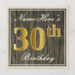 [ Thumbnail: Elegant, Faux Wood, Faux Gold 30th Birthday + Name Invitation ]
