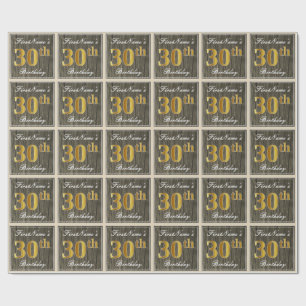 Elegant, Faux Wood, Faux Gold 30th Birthday + Name Wrapping Paper