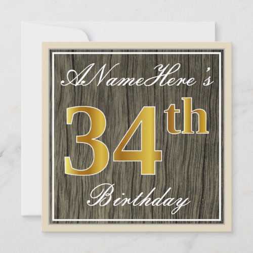 Elegant Faux Wood Faux Gold 34th Birthday  Name Invitation