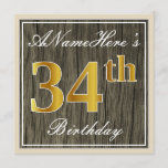 [ Thumbnail: Elegant, Faux Wood, Faux Gold 34th Birthday + Name Invitation ]