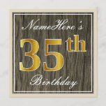 [ Thumbnail: Elegant, Faux Wood, Faux Gold 35th Birthday + Name Invitation ]