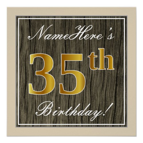 Elegant Faux Wood Faux Gold 35th Birthday  Name Poster