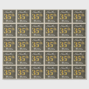 Elegant, Faux Wood, Faux Gold 35th Birthday + Name Wrapping Paper