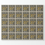 [ Thumbnail: Elegant, Faux Wood, Faux Gold 35th Birthday + Name Wrapping Paper ]