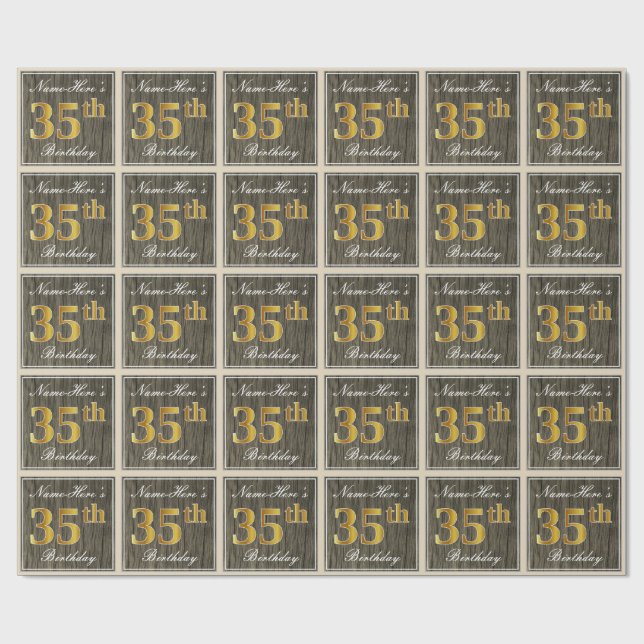 Elegant, Faux Wood, Faux Gold 35th Birthday + Name Wrapping Paper (Flat)