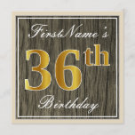 [ Thumbnail: Elegant, Faux Wood, Faux Gold 36th Birthday + Name Invitation ]