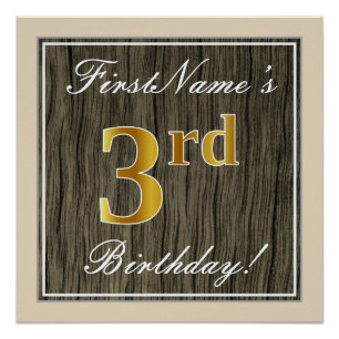 Elegant, Faux Wood, Faux Gold 3rd Birthday + Name Poster