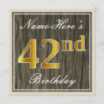 [ Thumbnail: Elegant, Faux Wood, Faux Gold 42nd Birthday + Name Invitation ]