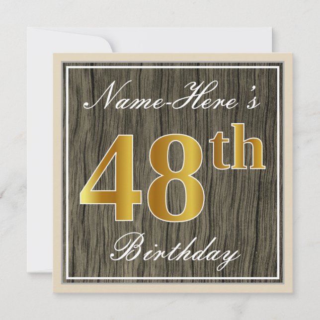 Elegant, Faux Wood, Faux Gold 48th Birthday + Name Invitation (Front)